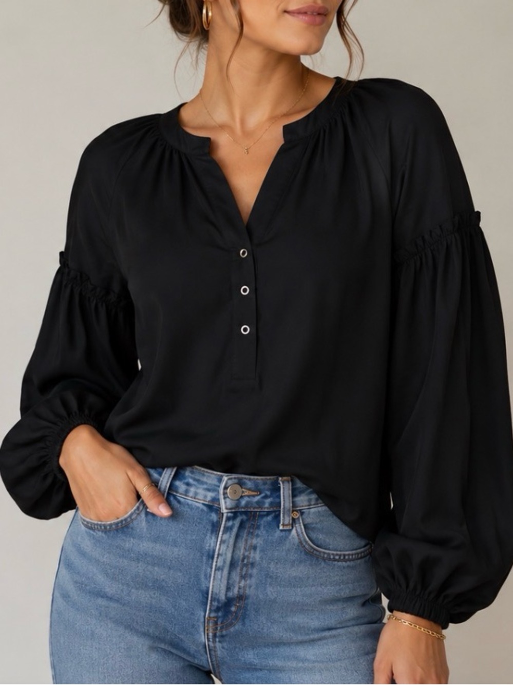 Alala Black Balloon-Sleeve Henley Top